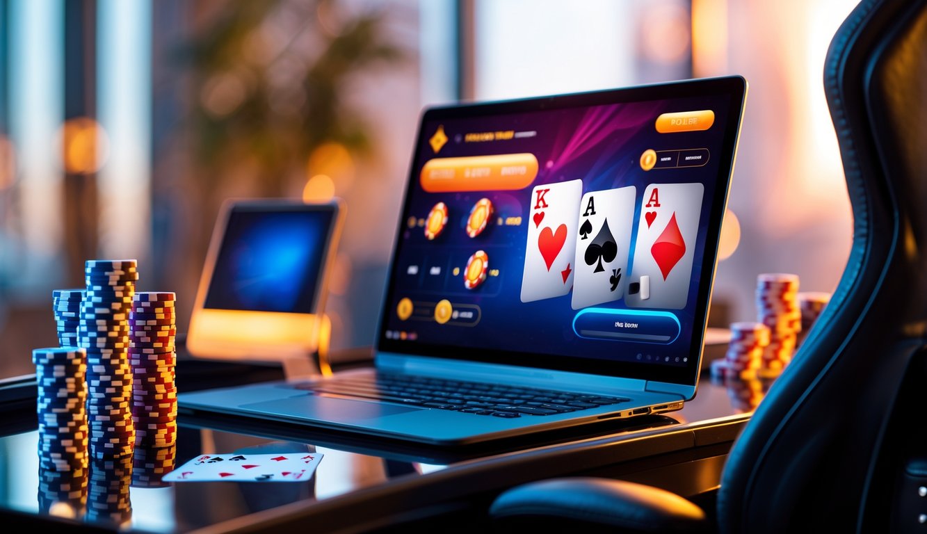 Sebuah meja dengan komputer menampilkan permainan poker online, dikelilingi oleh tumpukan chip poker dan kartu remi.