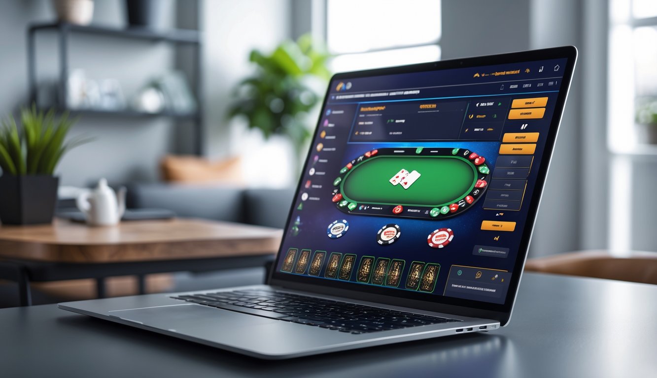 Seorang pria menggunakan komputer dengan tampilan permainan poker online di layar di dalam ruangan yang terang dan rapi.