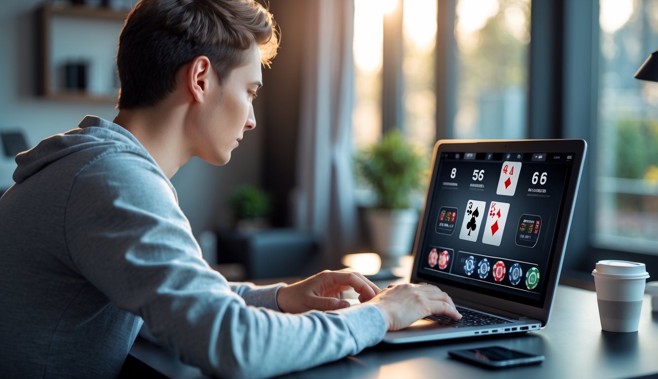 Seseorang sedang bermain poker online menggunakan laptop di meja dengan suasana ruangan yang nyaman.