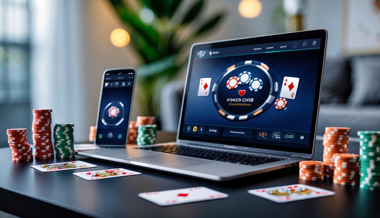 Meja kerja dengan laptop dan kartu poker serta chip poker di sekitarnya, menunjukkan permainan poker online uang asli.