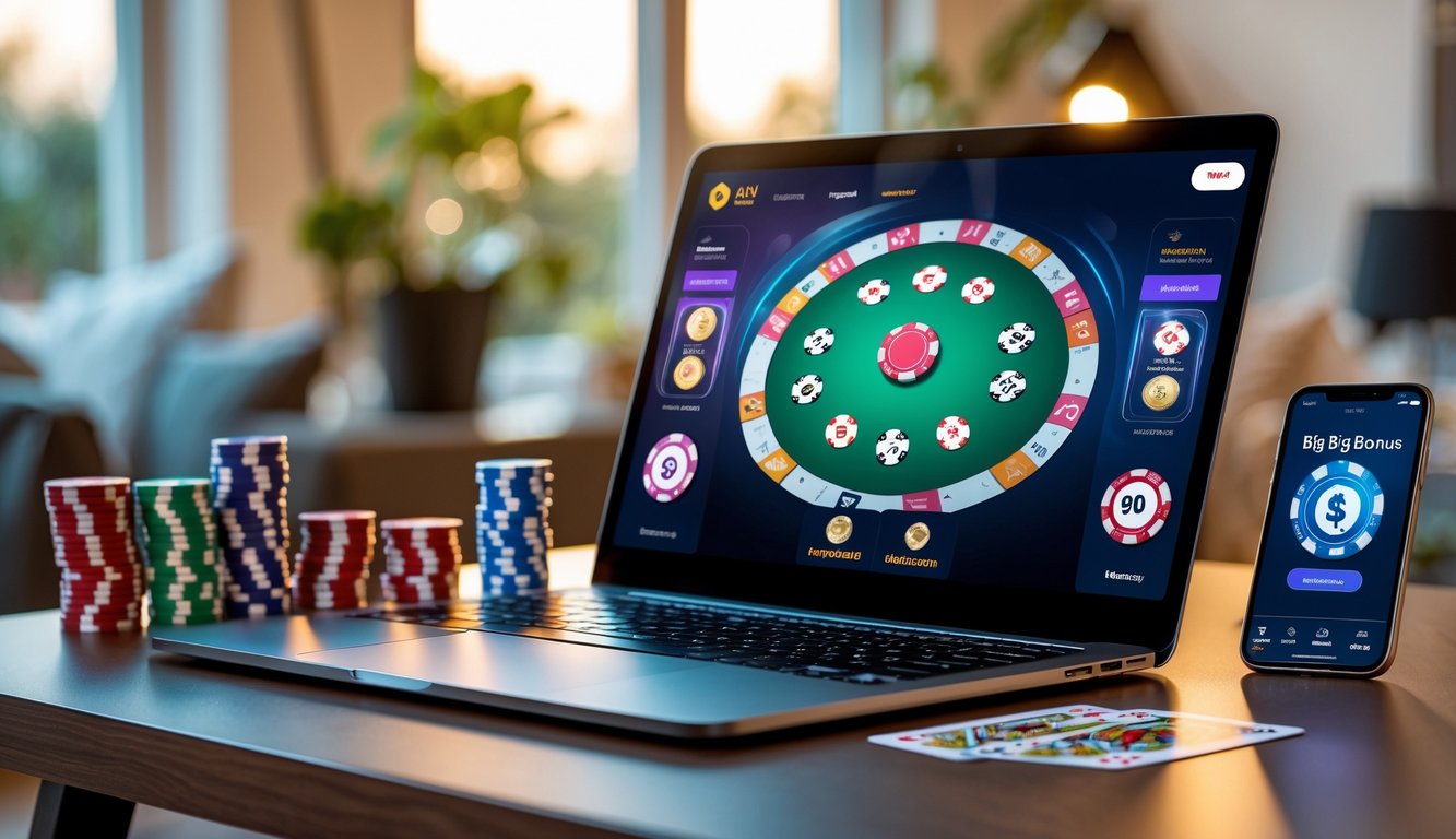 Seorang pemain poker online menggunakan laptop dengan kartu dan chip poker di meja, menampilkan suasana permainan yang menarik.