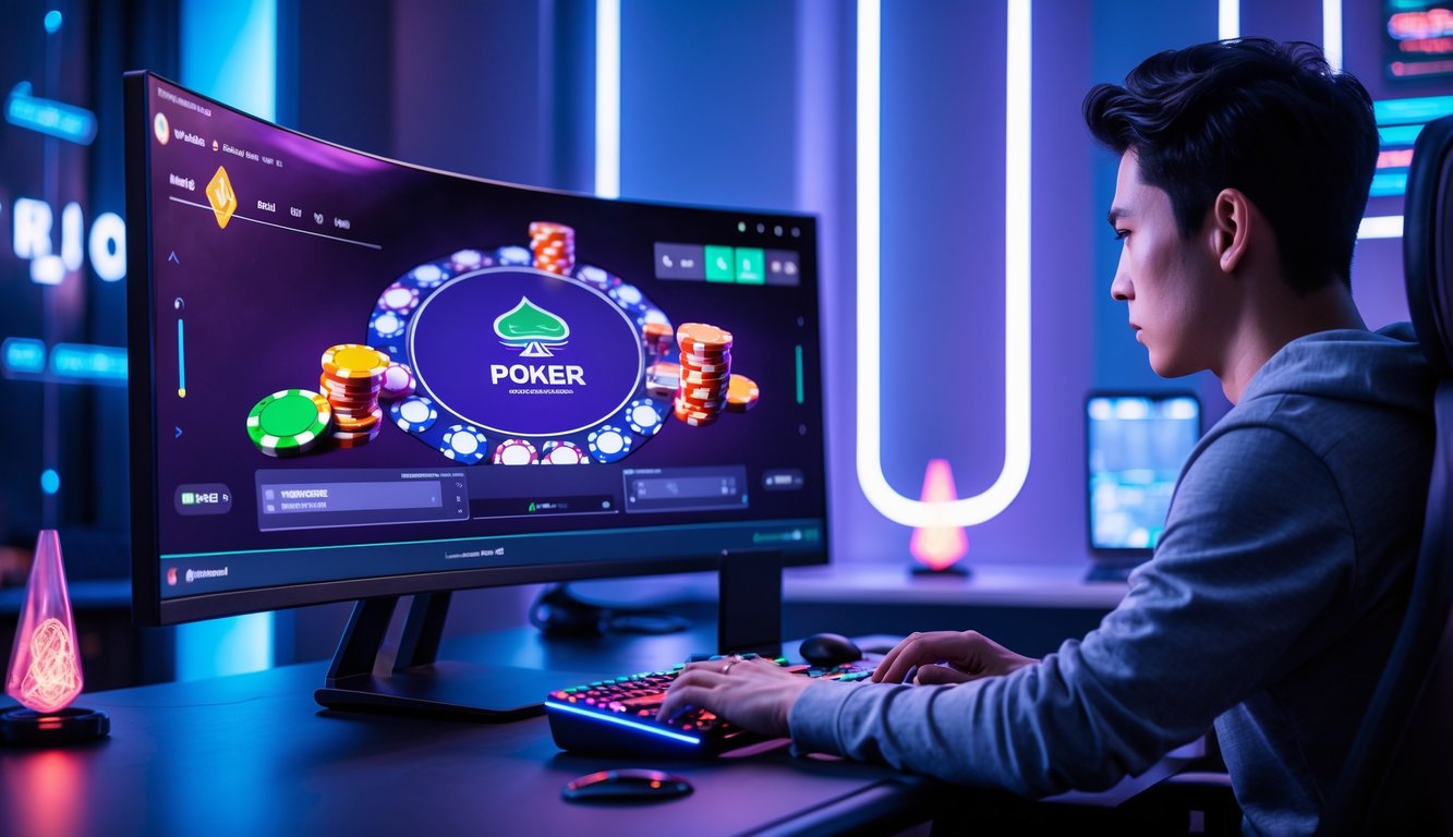 Seorang pemain muda menggunakan komputer dengan tampilan permainan poker online yang modern di ruangan berlampu biru dan ungu.