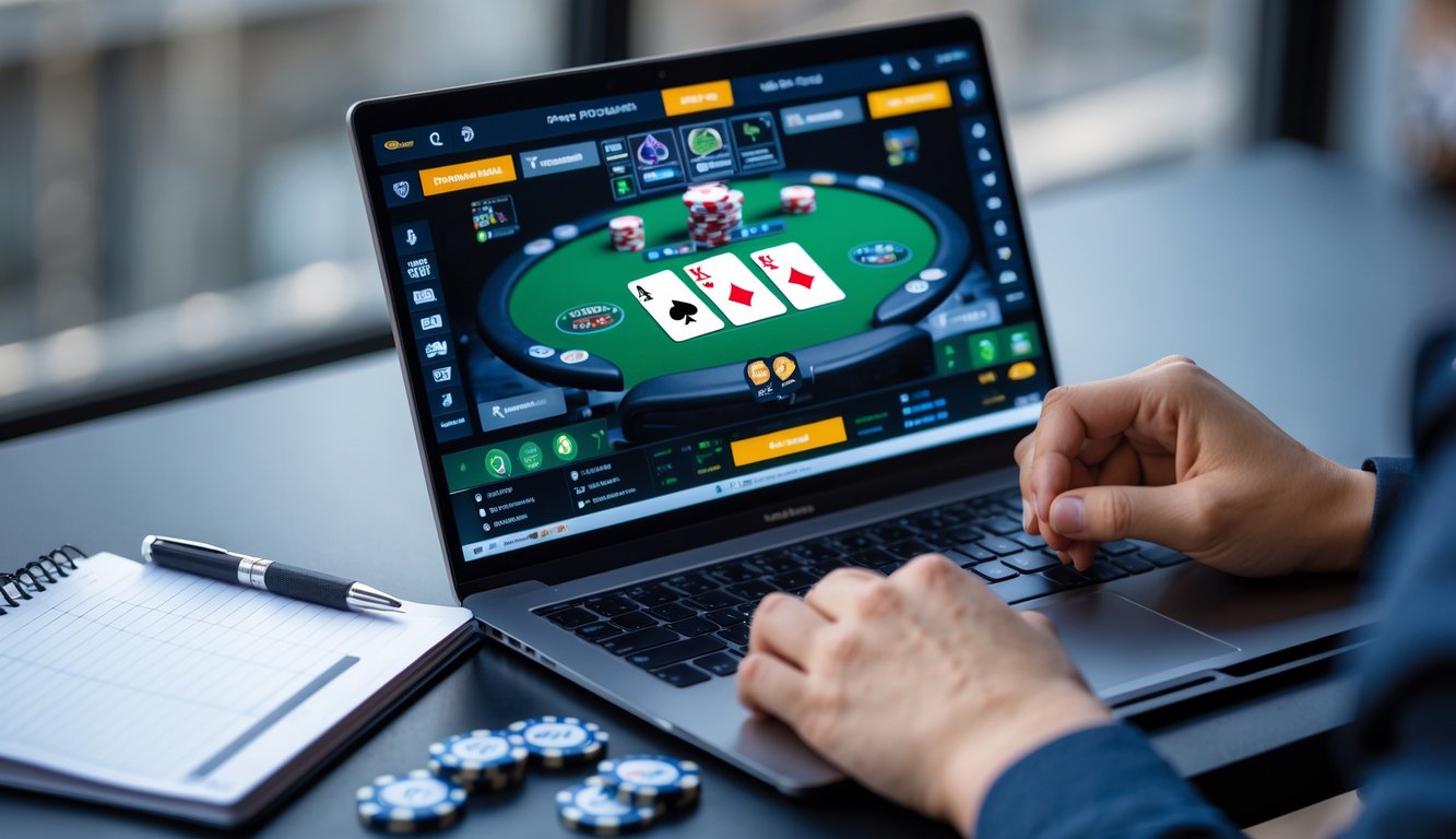 Seorang pemain poker online sedang merencanakan strategi dengan laptop yang menampilkan permainan poker dan beberapa chip di meja.