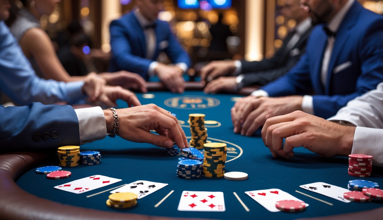 Meja poker dengan kartu dan chip, pemain sedang bermain di kasino.