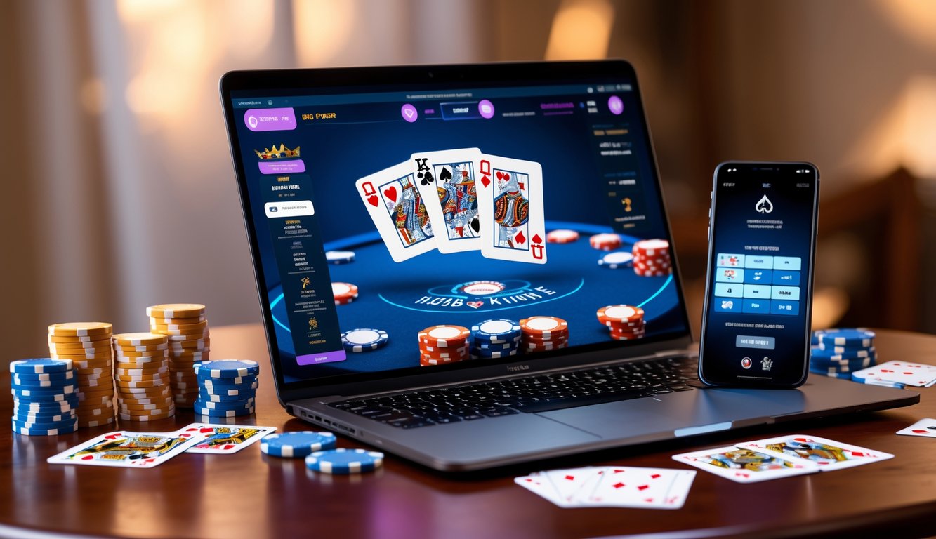 Seseorang bermain poker online menggunakan laptop dengan kartu remi dan chip poker di meja kayu.