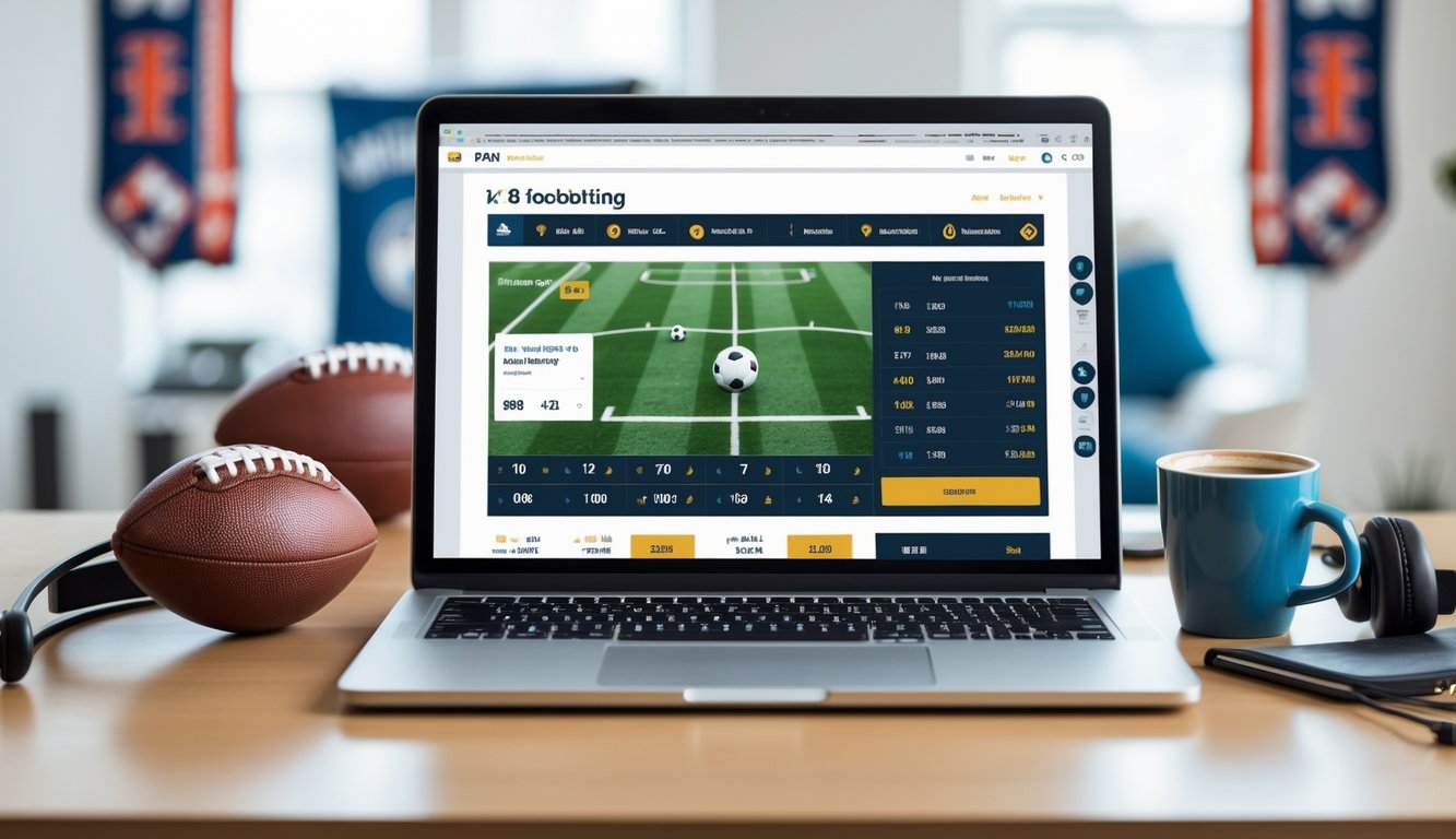 Seseorang menggunakan komputer dengan tampilan situs taruhan sepak bola online yang menampilkan pilihan taruhan 1X2 dan bola sepak di atas meja.
