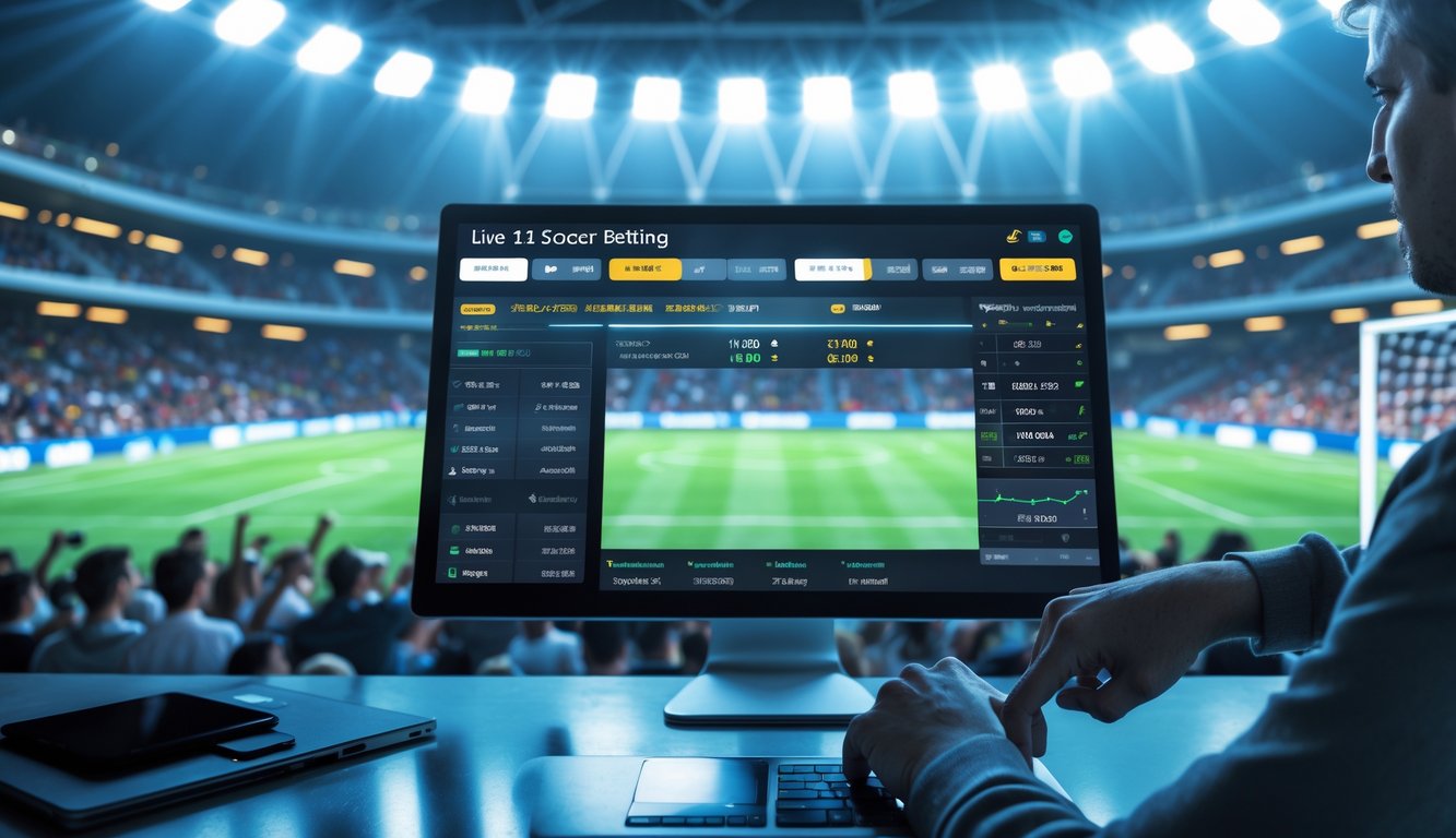 Seseorang sedang menggunakan perangkat digital untuk taruhan sepak bola langsung dengan latar belakang stadion yang ramai dan pertandingan sepak bola yang sedang berlangsung.