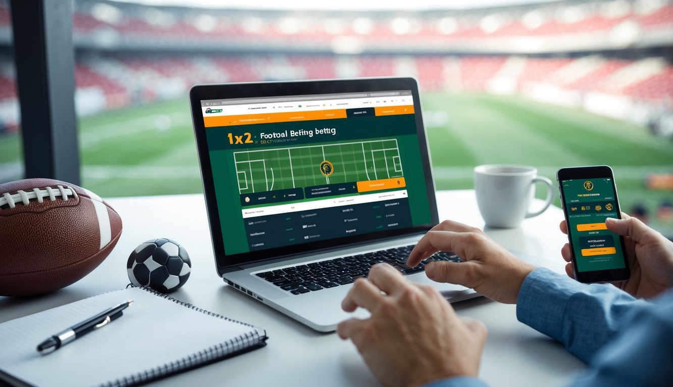 Seseorang menggunakan laptop di meja dengan bola sepak di sampingnya, menampilkan suasana taruhan sepak bola online.