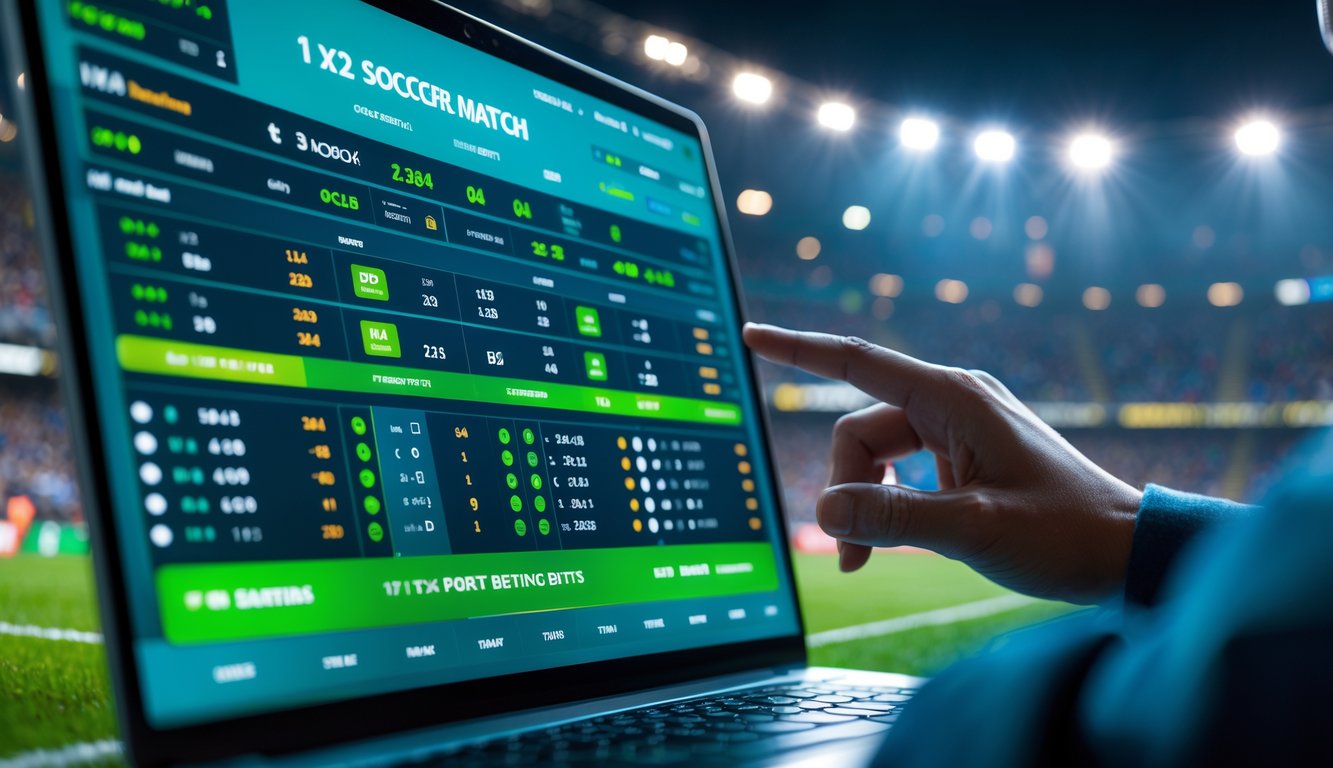 Seseorang menggunakan perangkat digital untuk melihat peluang taruhan sepak bola di stadion yang ramai dengan penonton.