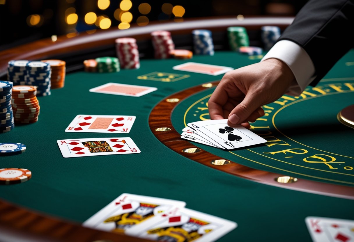 A blackjack table with playing cards and poker chips in a casino setting.