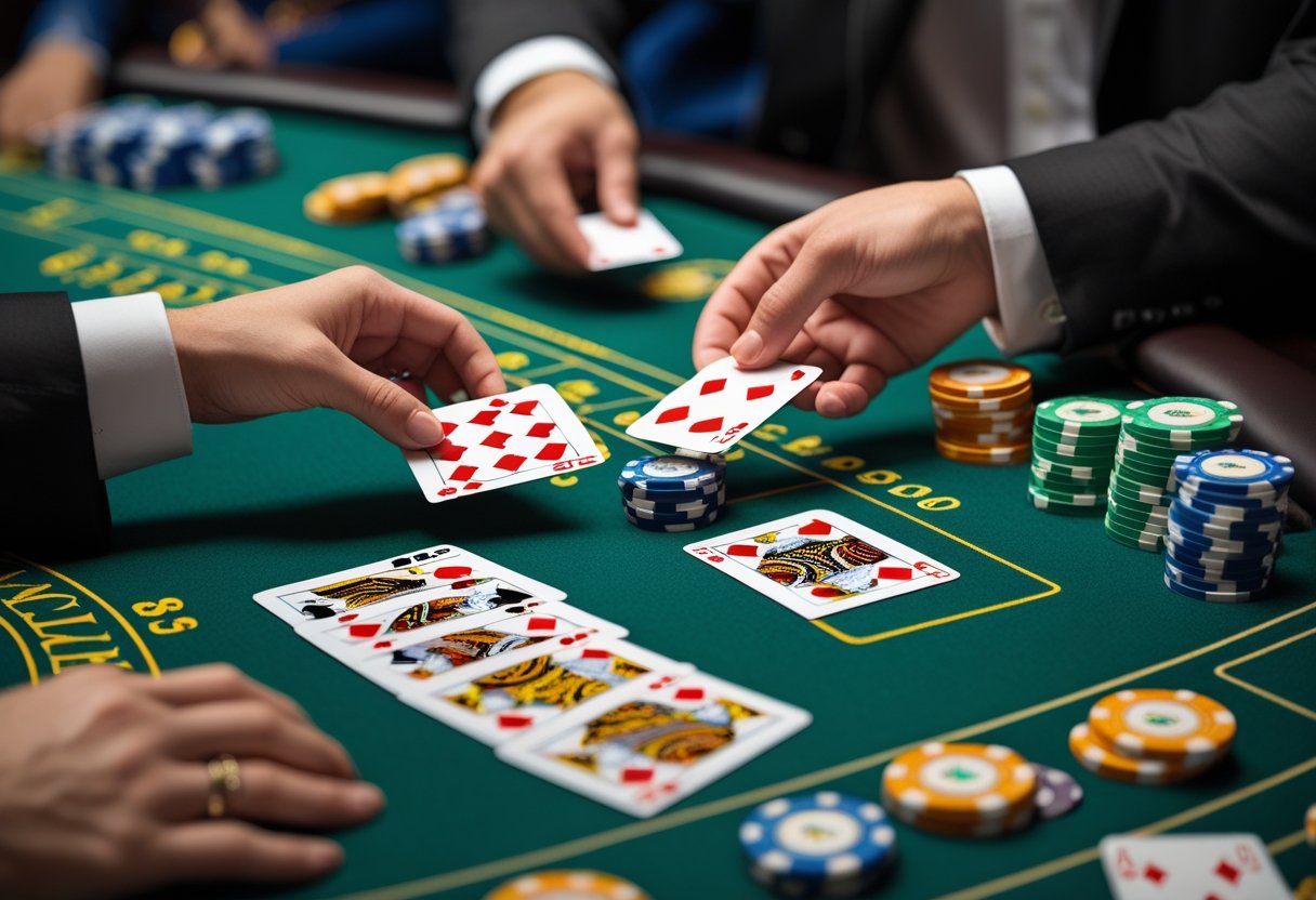 Close-up of a blackjack table with dealer's hands distributing cards and poker chips on a green felt surface.