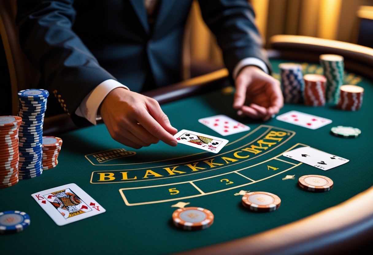 A dealer dealing cards at a blackjack table with poker chips and playing cards on a green felt surface.