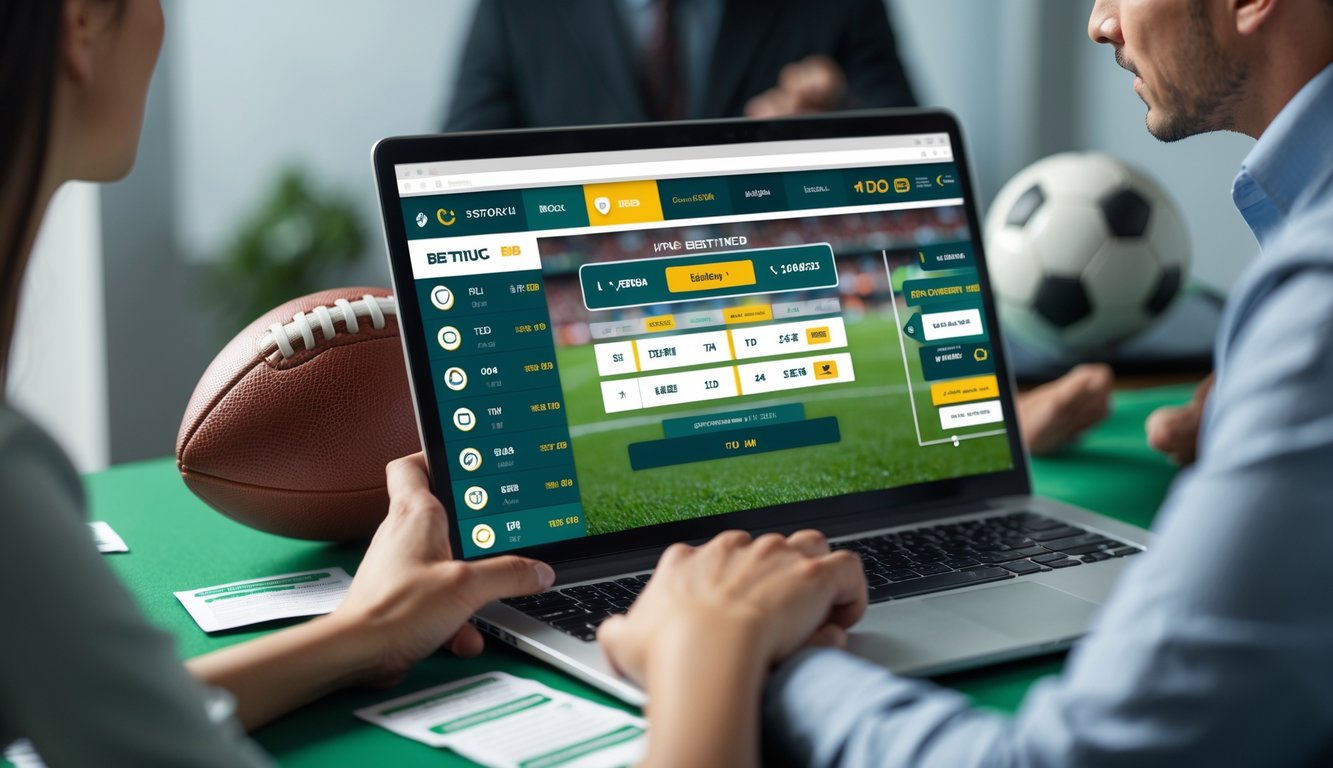 Seseorang sedang melihat layar perangkat digital yang menampilkan opsi taruhan sepak bola 1X2 dengan bola sepak di atas lapangan hijau.