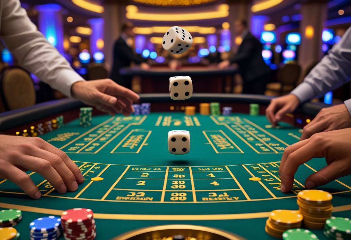 A craps table with dice mid-air and players placing chips in a casino setting.