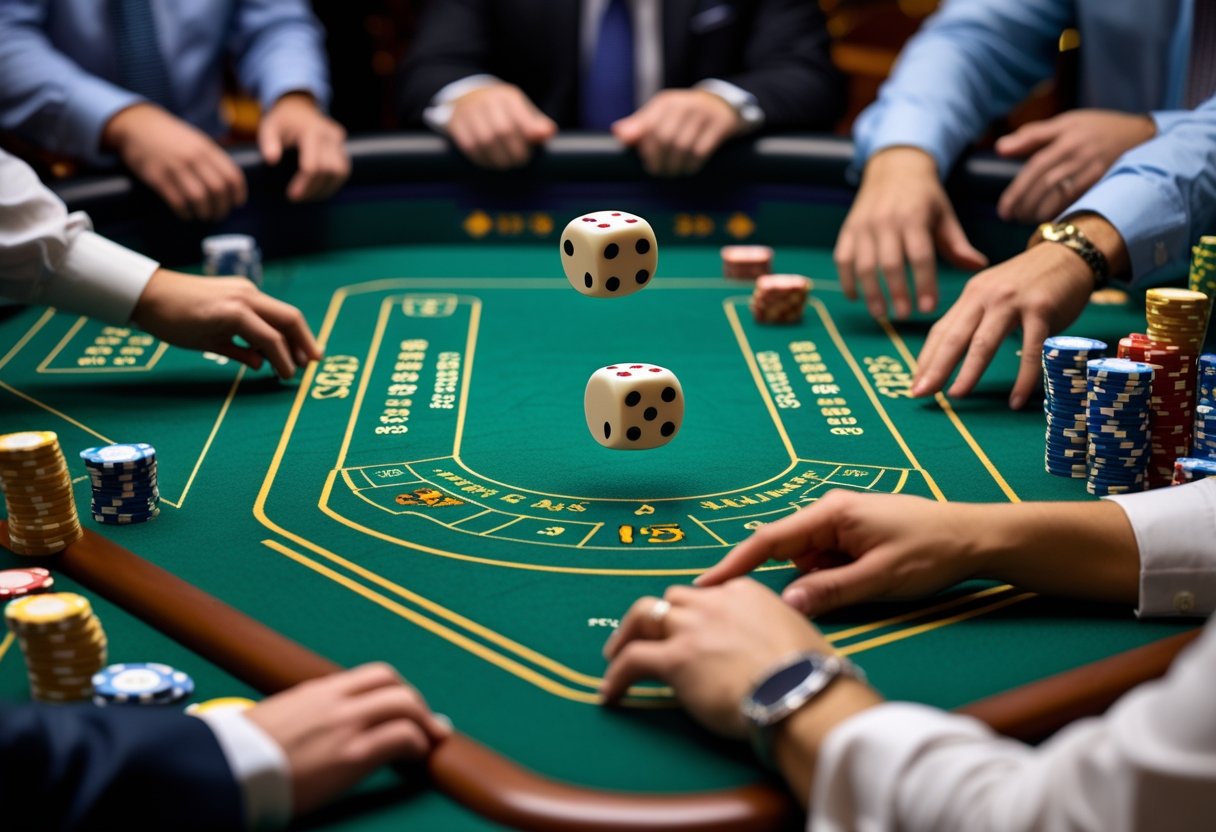 Hands of players rolling dice and placing chips on a casino craps table.
