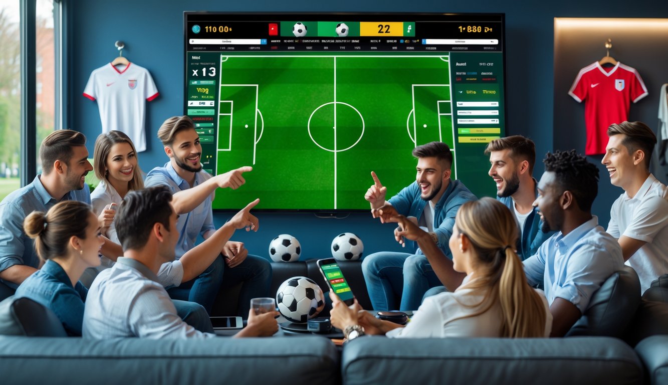 Sekelompok orang muda sedang menonton pertandingan sepak bola di layar besar sambil menggunakan perangkat elektronik di ruang santai modern.