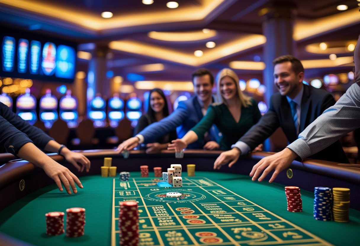 Players gathered around a craps table with dice rolling and colorful chips on the green felt surface.