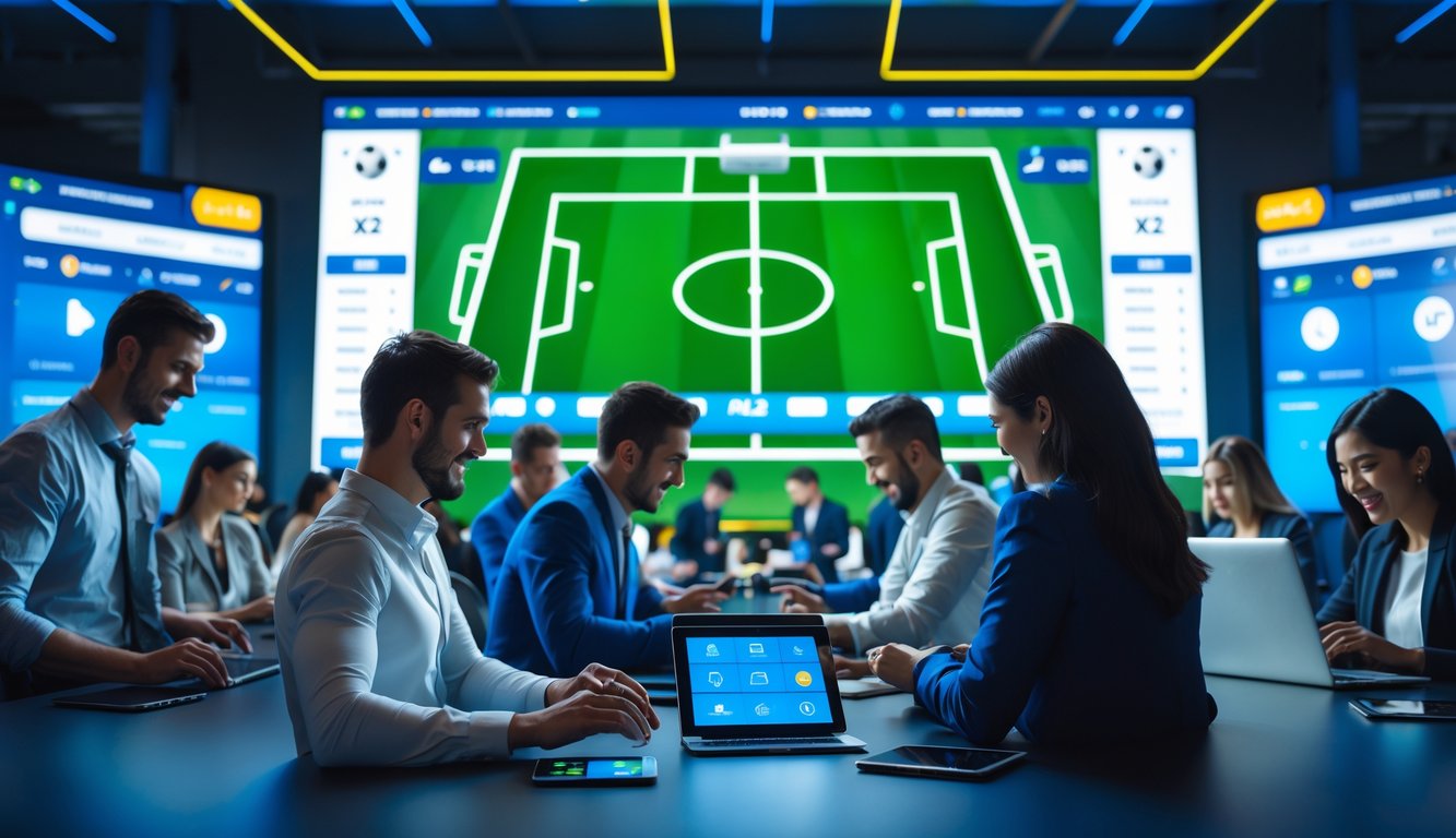Orang-orang menggunakan perangkat digital untuk bertaruh pada pertandingan sepak bola dengan latar belakang layar besar yang menampilkan pertandingan sepak bola langsung.