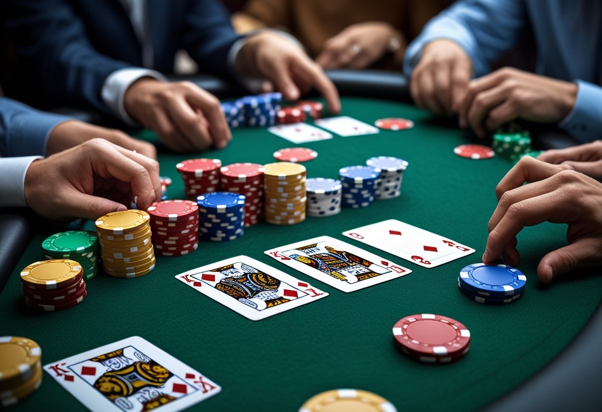 Close-up of a poker table with playing cards, poker chips, and players' hands engaged in a game.