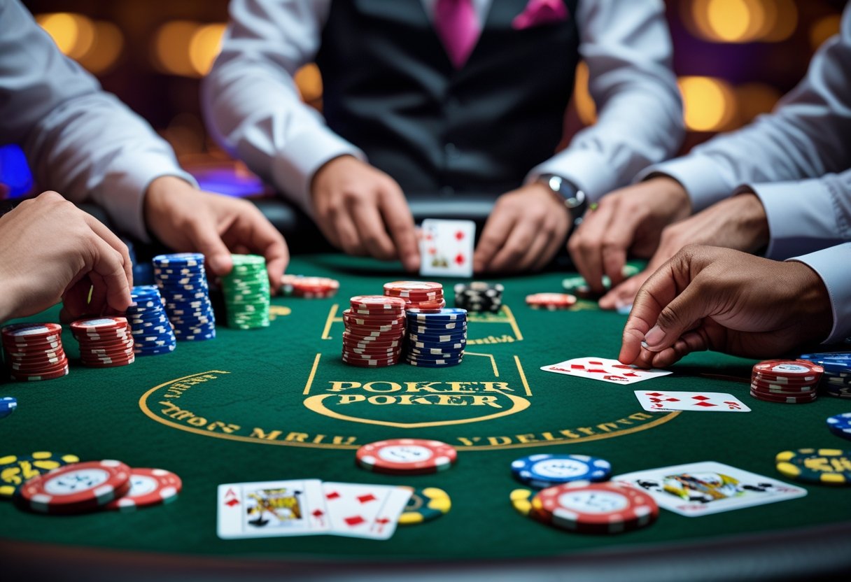 Poker game in progress with players holding cards and betting chips on a green felt table.