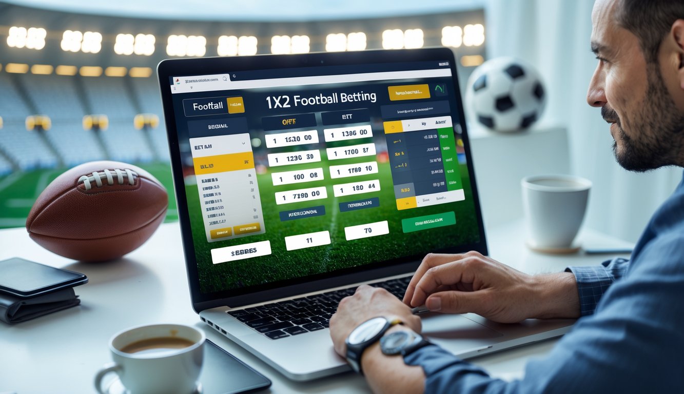 Seorang pria sedang melihat layar perangkat dengan tampilan taruhan sepak bola online, di dekat bola sepak dan latar belakang stadion.