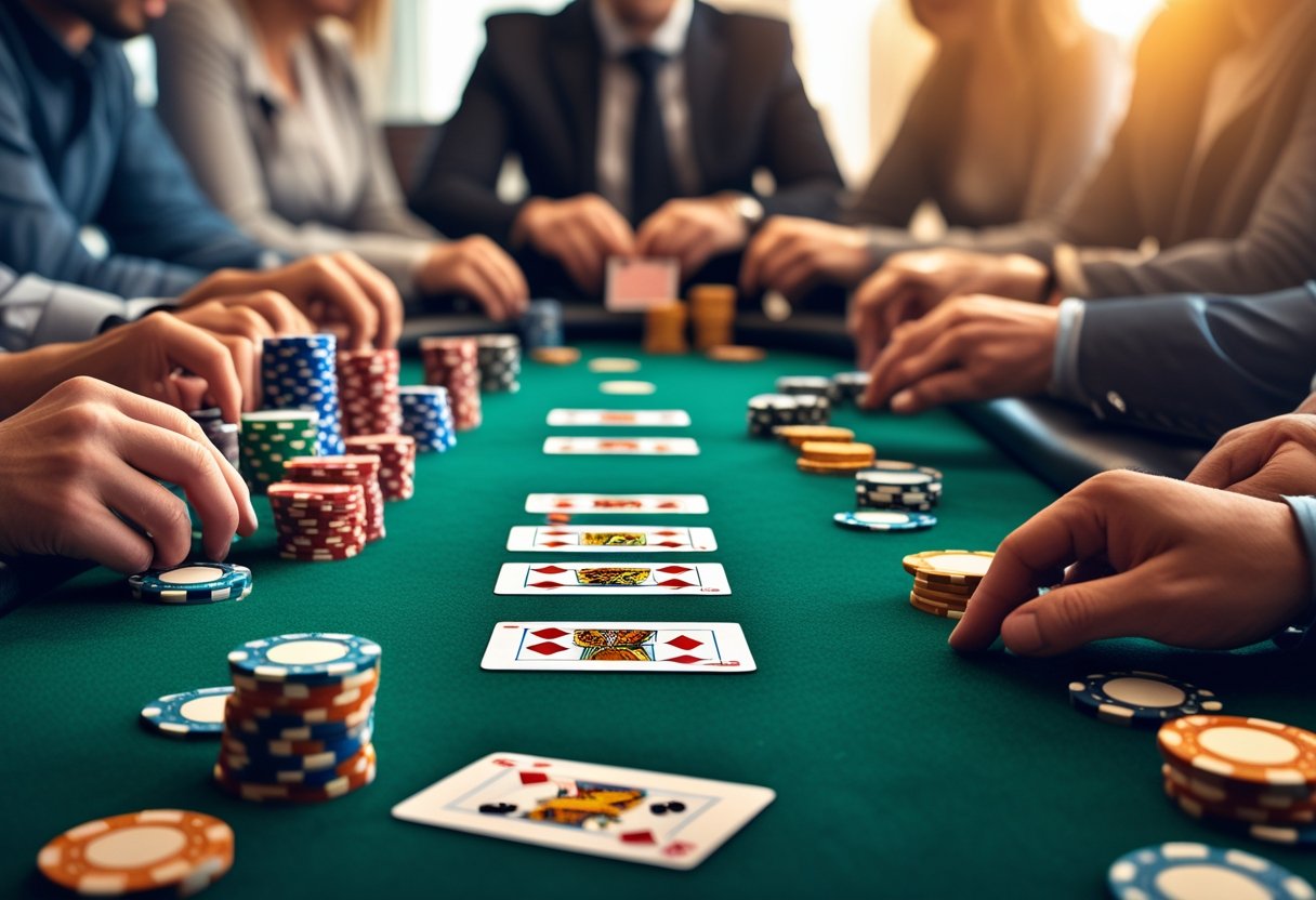 A poker table with cards and chips in play, with players' hands visible around the table.