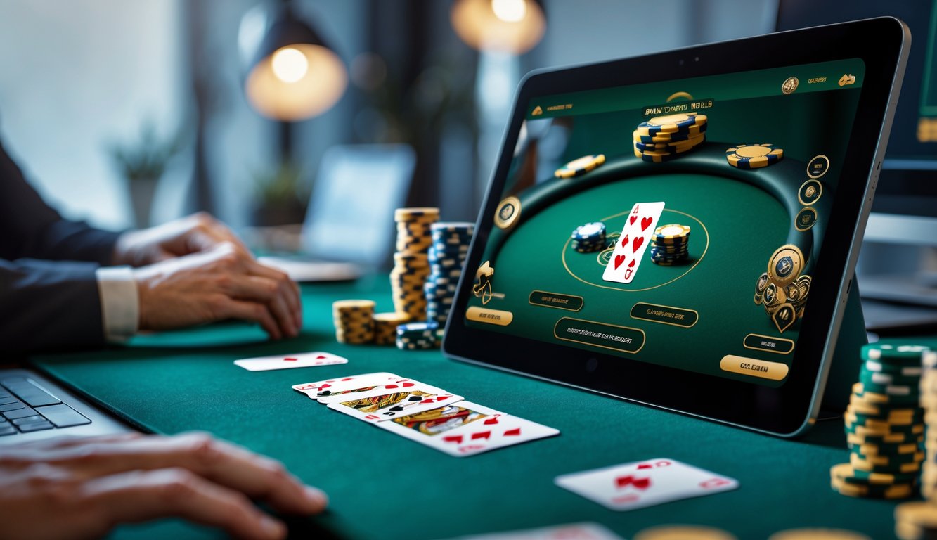 Tampilan dekat meja poker digital dengan kartu dan chip poker di layar komputer, suasana permainan judi online yang profesional dan terpercaya.