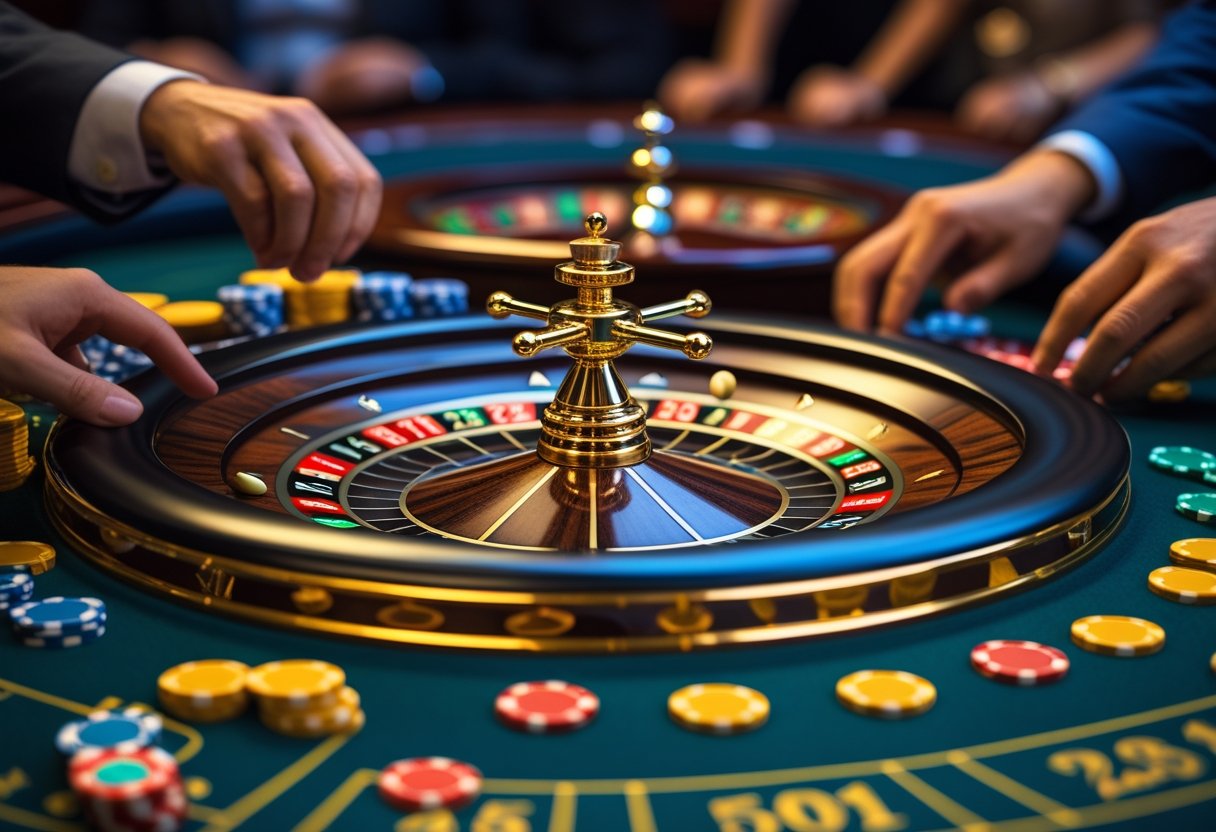 A close-up of a roulette wheel spinning with players placing chips on the betting table in a casino.