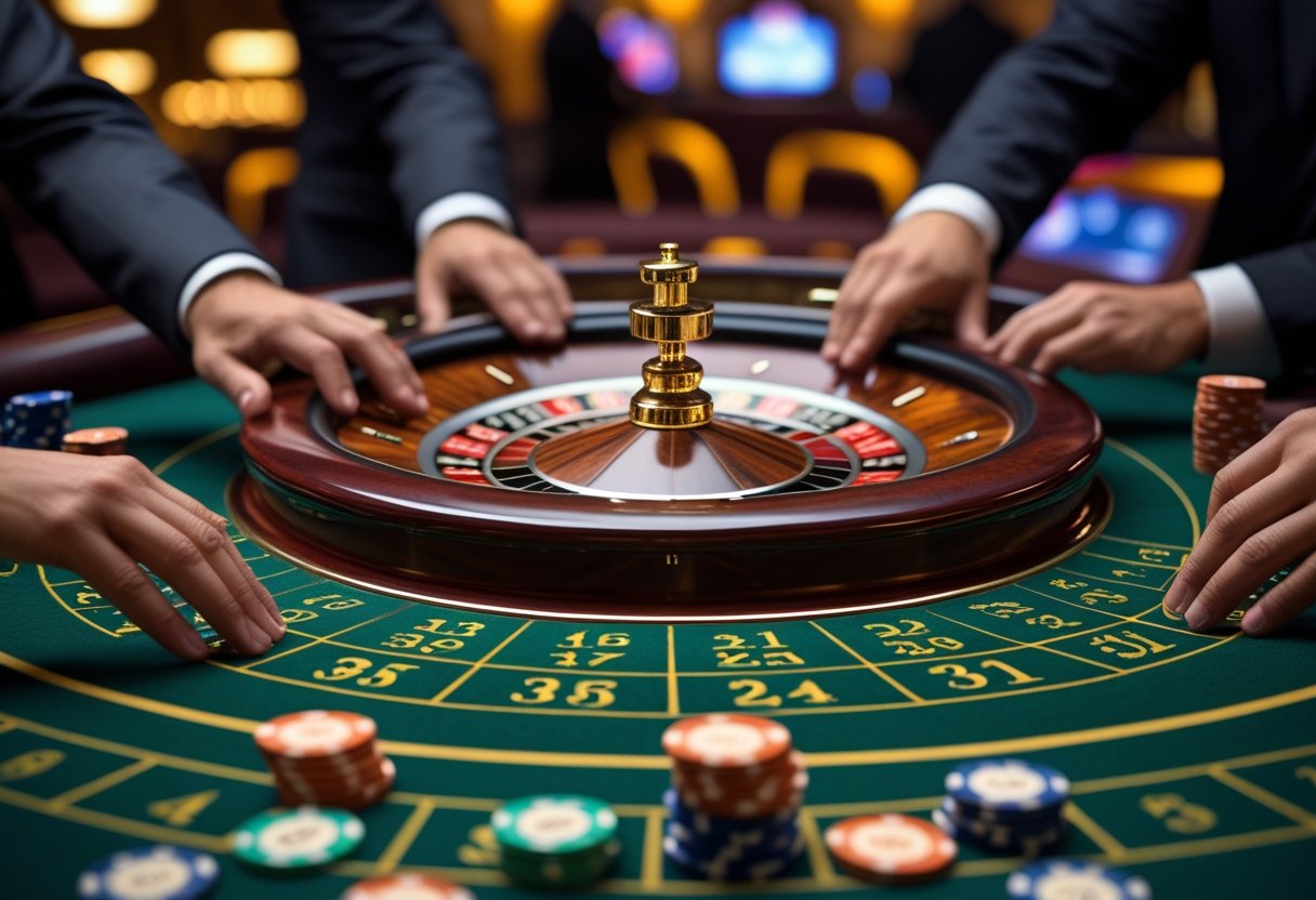 Close-up of a roulette wheel spinning with players placing bets on a green felt table in a casino.