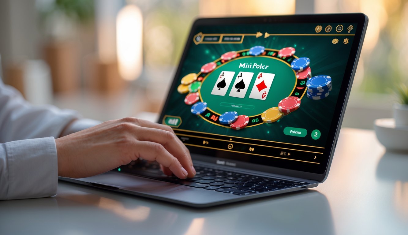 Seseorang sedang bermain mini poker online menggunakan laptop di meja dengan suasana ruangan yang nyaman.