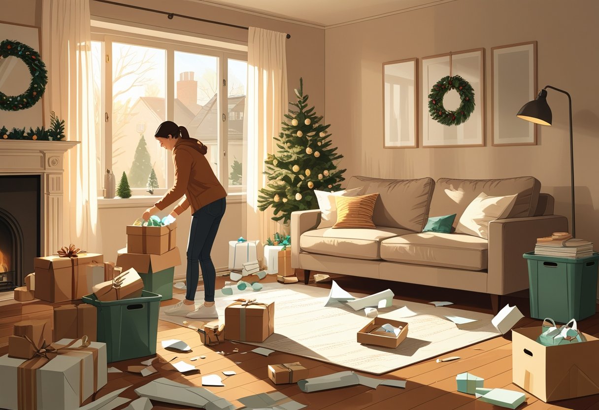 A person tidying a cozy living room with scattered holiday items, organizing and placing a plant on a table as sunlight shines through the window.