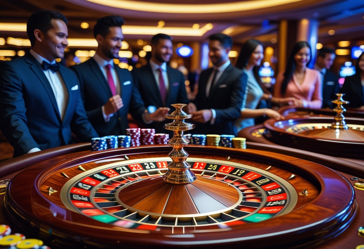 A casino scene showing multiple roulette wheels with players and a dealer around the tables.