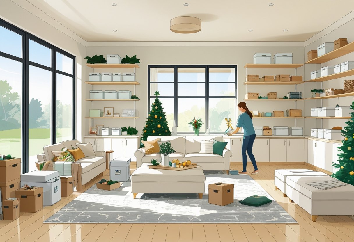 A person organizing a bright living room with storage boxes and tidy shelves, packing away holiday items to create a clean and clutter-free space.