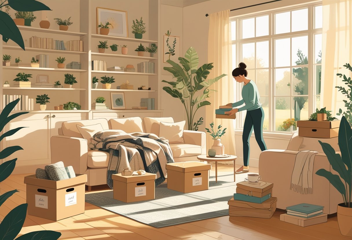 A person tidying a bright living room by folding blankets and putting away holiday decorations into storage boxes, creating a calm and organized home environment.