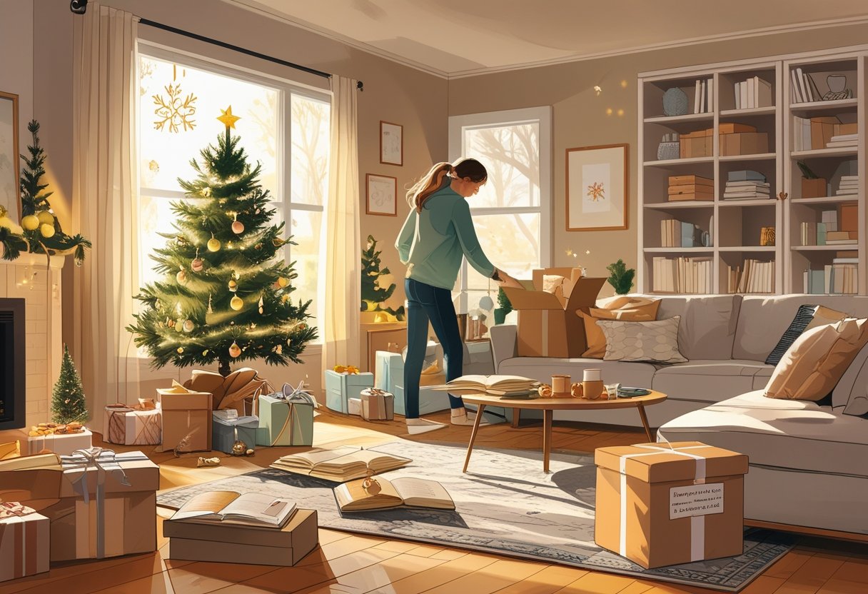 A living room with holiday decorations and scattered items, with a person tidying up and organizing the space.