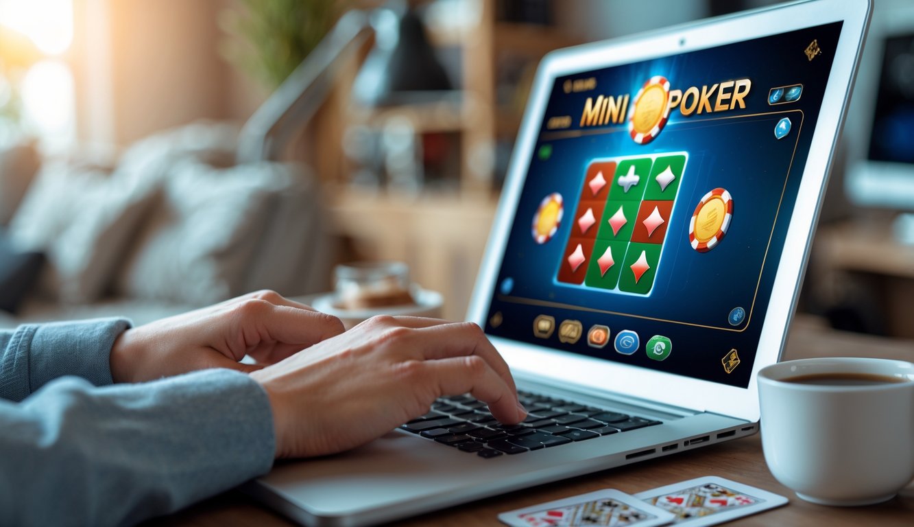Seseorang sedang bermain mini poker online menggunakan laptop di meja dengan suasana ruangan yang nyaman.
