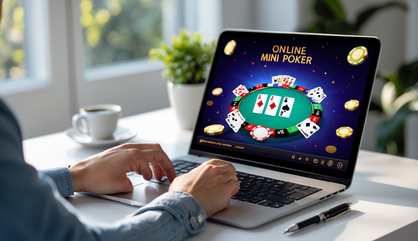 Seseorang bermain mini poker online di depan laptop dengan kartu poker dan chip terlihat di layar.