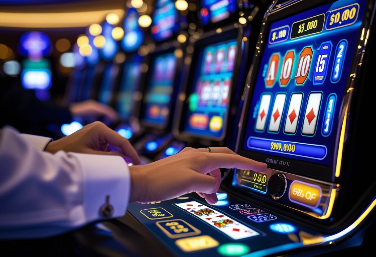 Close-up of hands playing a video poker machine at a casino table with a colorful poker game on the screen.