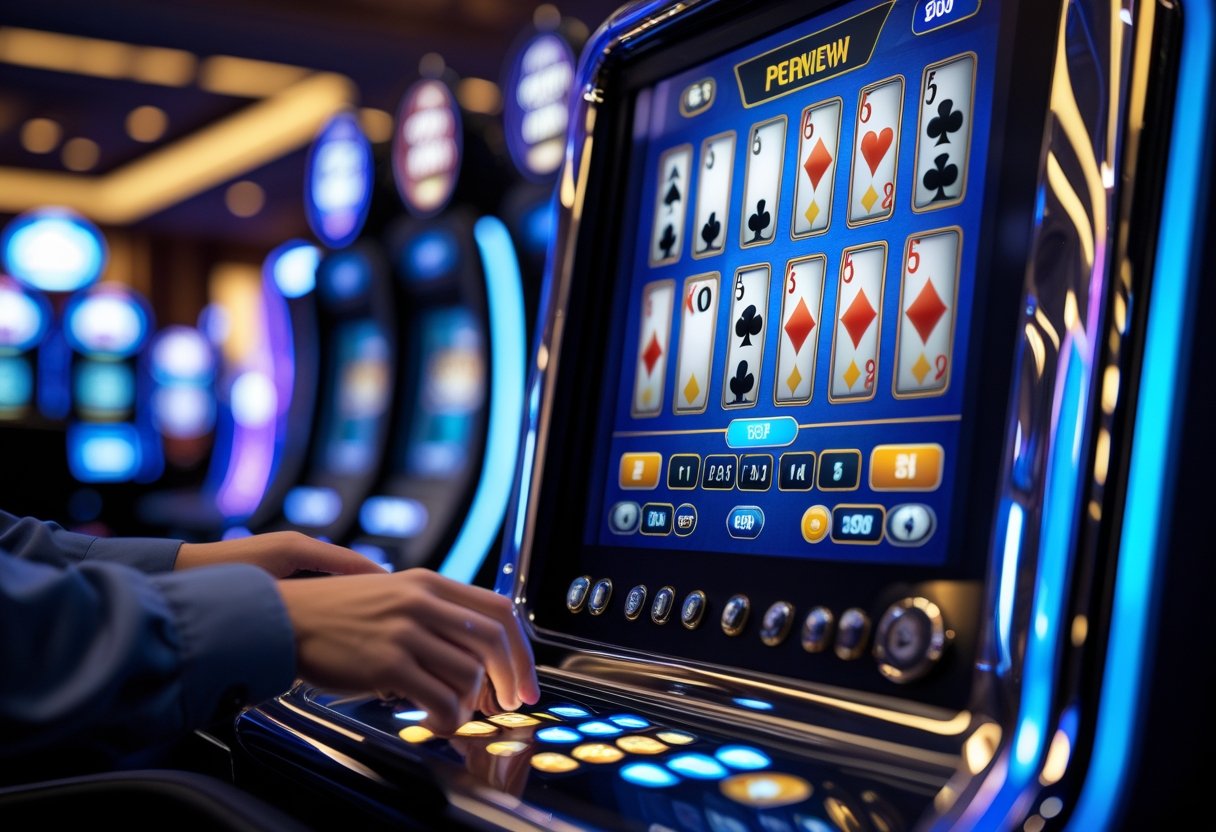 A person playing video poker on a modern electronic gaming machine in a casino.