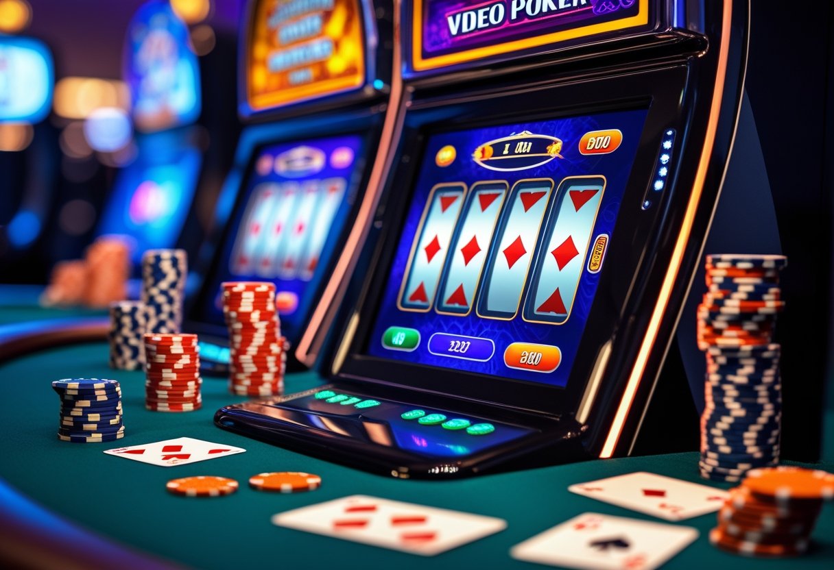 A video poker machine with poker chips and playing cards in a casino setting.