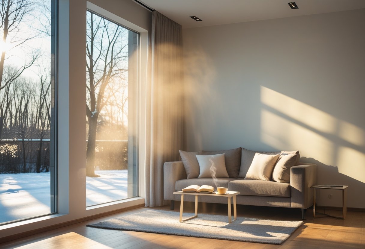 A living room filled with soft winter sunlight coming through large windows, showing a sofa, coffee table with a cup and book, and bare trees outside.