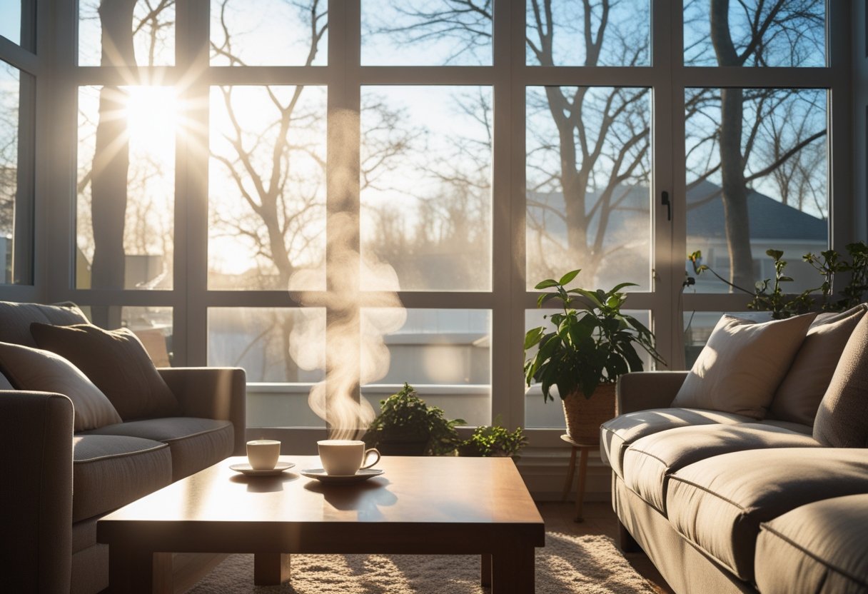 A living room illuminated by soft winter sunlight coming through large windows, showing furniture, plants, and bare trees outside.