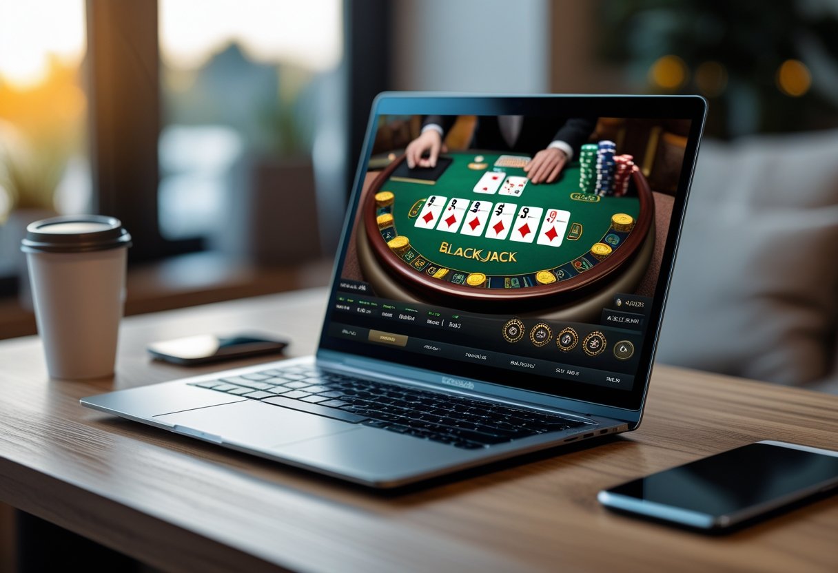 A laptop on a wooden desk showing an online blackjack game with cards and chips on the screen.