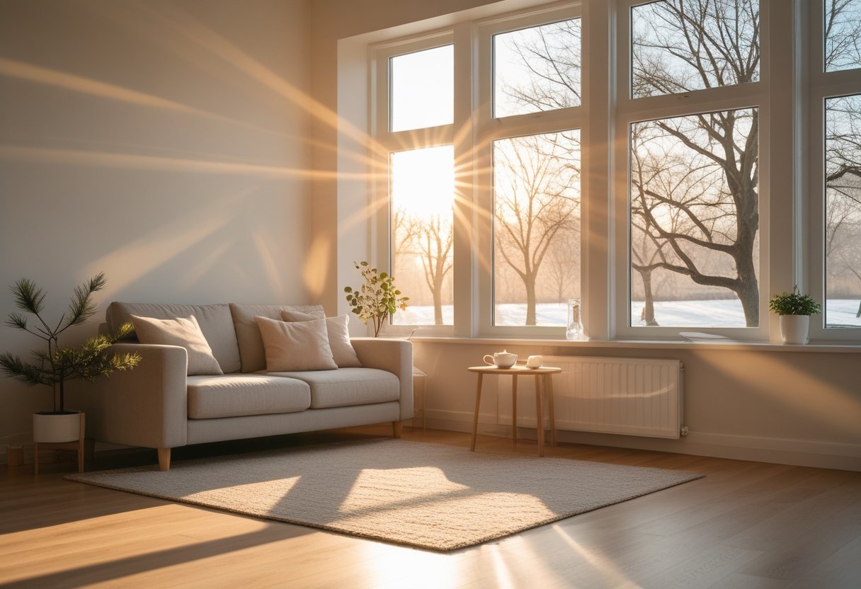 A living room filled with soft winter sunlight coming through large windows, showing a sofa, a plant, and a cup of tea on a table.