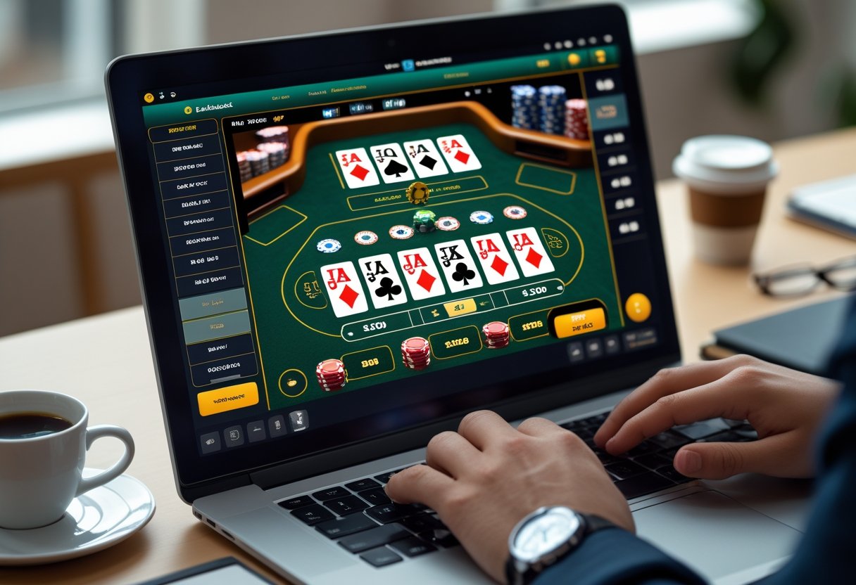 A person playing online blackjack on a laptop in a clean, well-lit workspace.