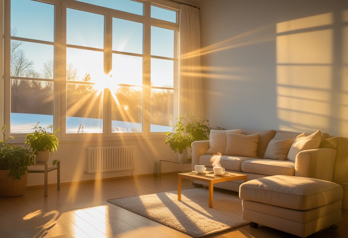 A cozy living room filled with soft winter sunlight coming through large windows, with a snowy landscape visible outside.