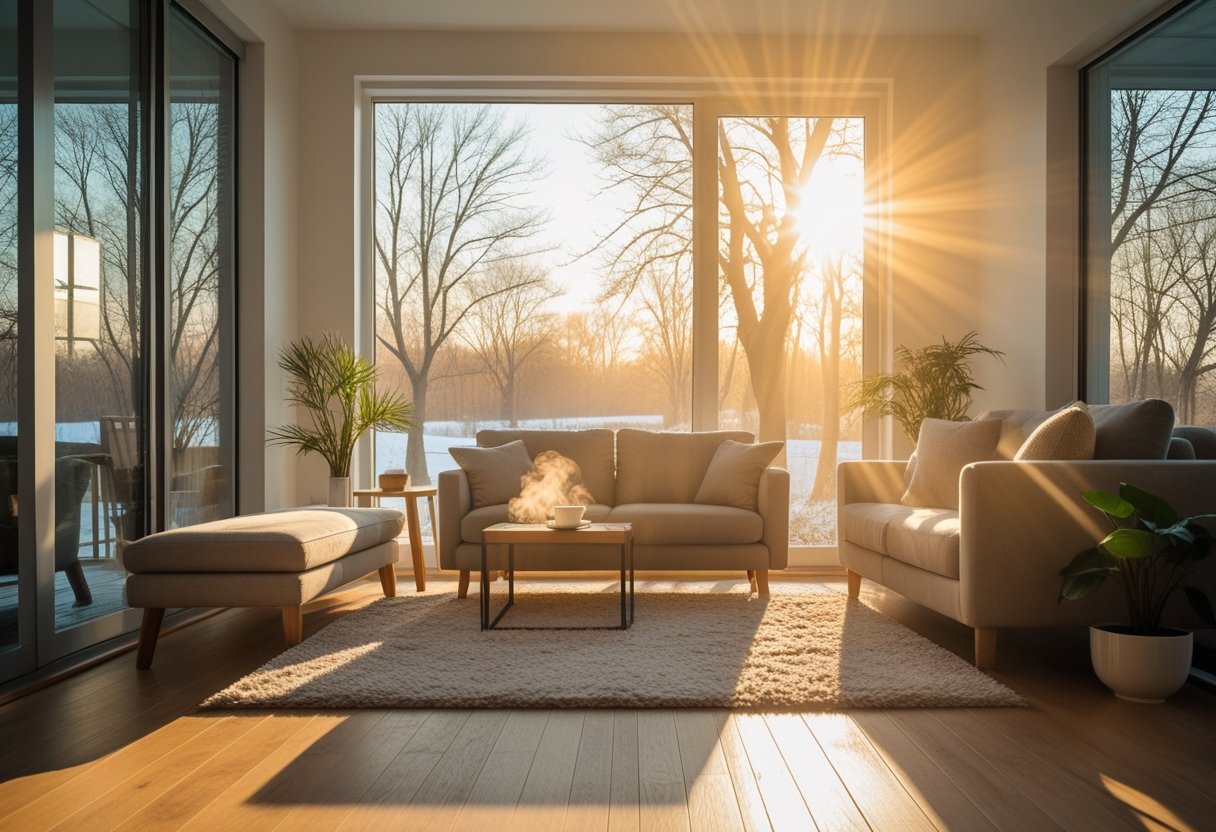 A living room filled with soft winter sunlight coming through large windows, casting warm light and shadows on furniture and wooden floors.