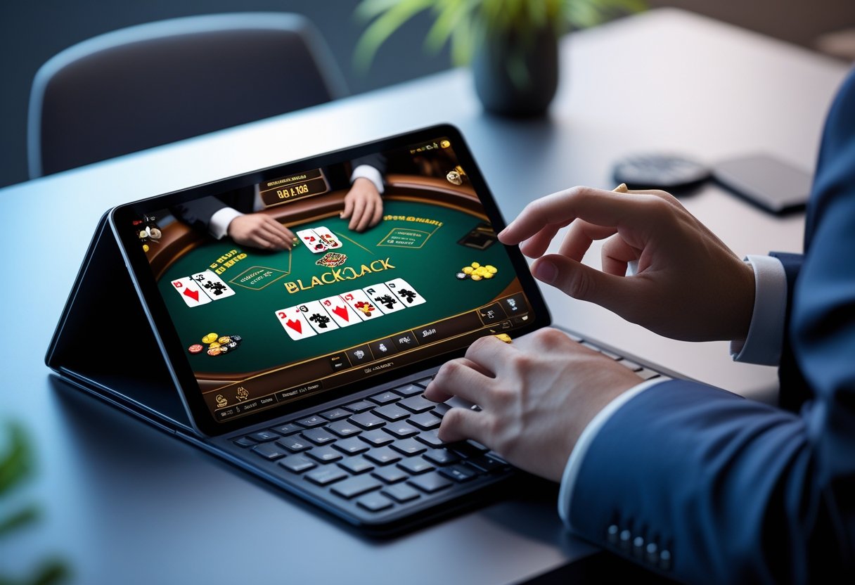 Person playing online blackjack on a laptop with cards and chips visible on the screen.