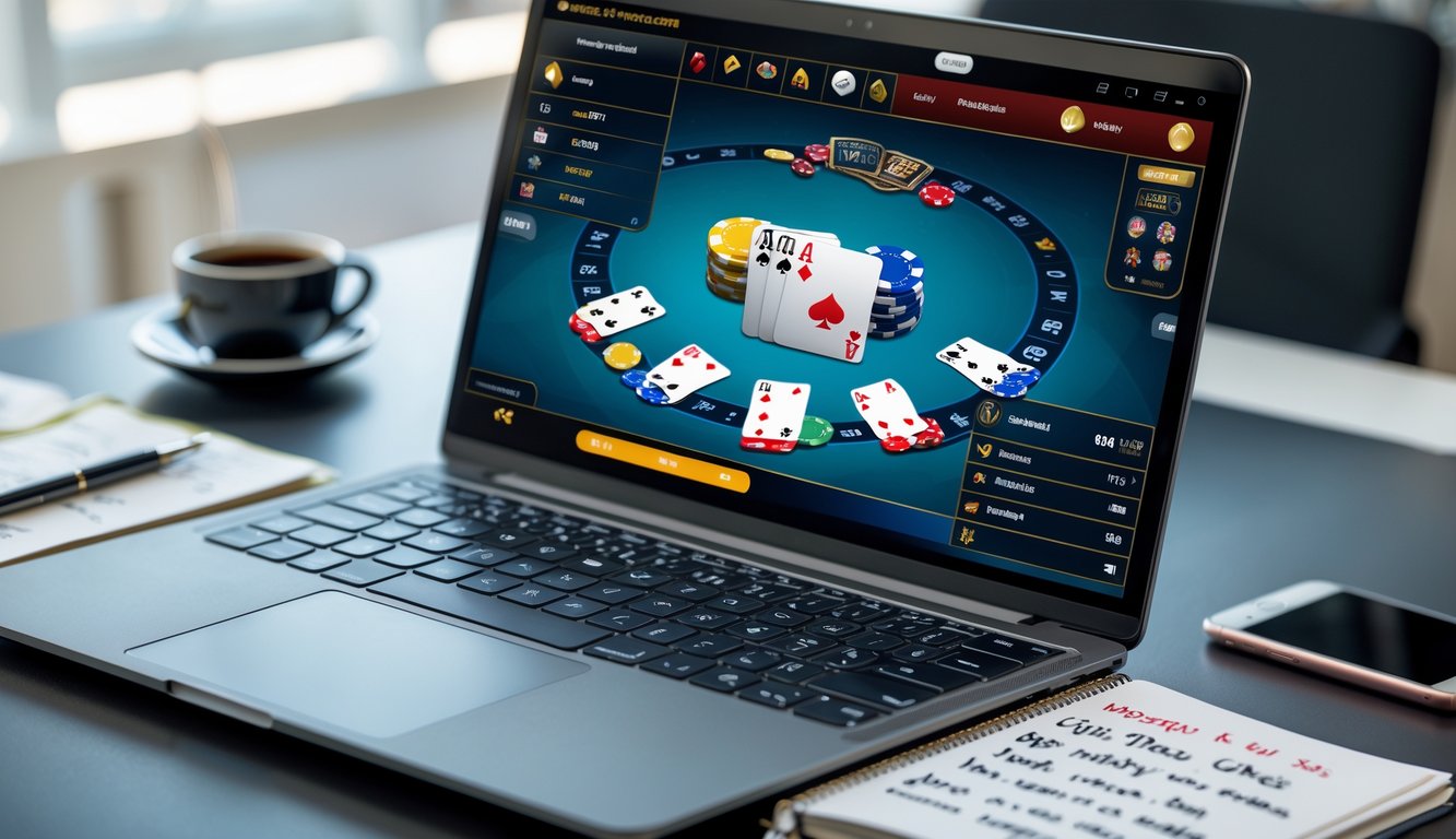 Seorang pemain duduk di depan laptop dengan layar permainan mini poker online, di sampingnya ada buku catatan dan pena di atas meja kerja yang rapi.