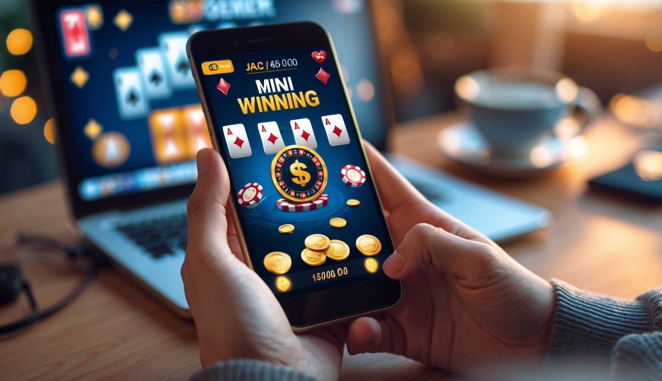 Seseorang memegang smartphone yang menampilkan permainan mini poker online dengan kartu dan chip serta indikator jackpot besar.